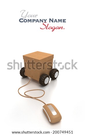 3D rendering of a cardboard box on wheels connected to a computer mouse