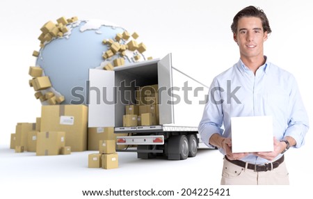 Young man holding a blank white box in an international transportation context, ideal for inserting your own message