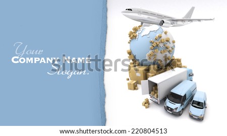 3D rendering of the Earth, cardboard boxes, a van, a truck and a flying plane. The Earth comes from the Nasa free of use images