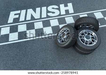 3D rendering of wheels by a motor race circuit finish line