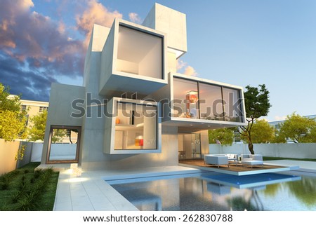 3D rendering of Impressive villa with pool, late afternoon