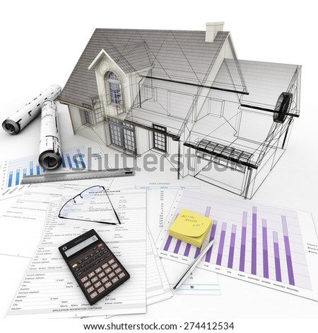 3D rendering Home Architecture model on top of a table with mortgage application form, calculator, blueprints, etc..