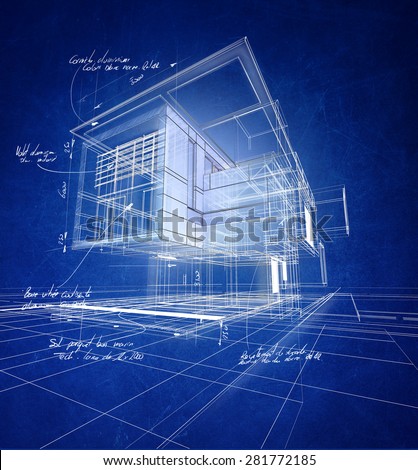 Technical 3D wireframe rendering of a modern villa with scribbled material (aluminum, stone, steel) and technical quotations
