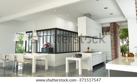 3D rendering of a luxurious industrial style interior with a magnificent integrated kitchen