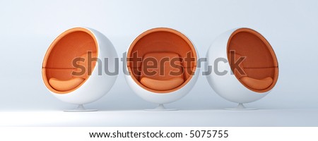 Trio of cocoon shaped white and orange chairs