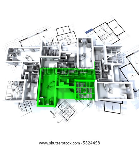 Apartment highlighted in green on a white architecture mockup on top of architect\'s plans