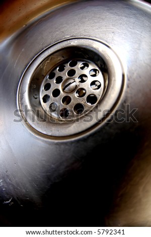 Close-up shot of a drain in a kitchen sink