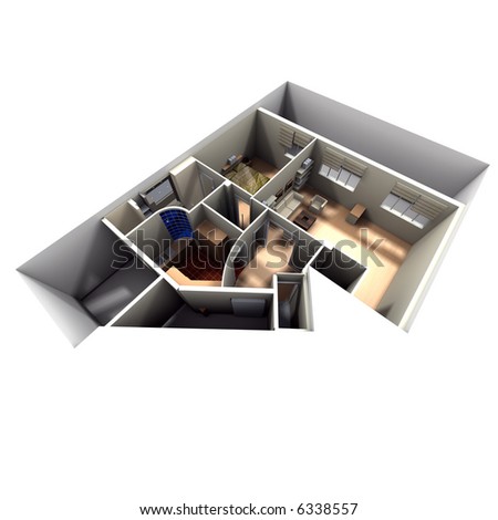 Aerial View Of Roofless Apartment Focused On Kitchen, Living Room