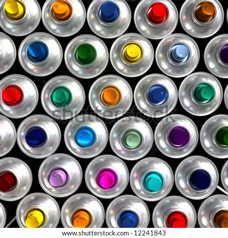 Aerial view of neatly arranged aerosol cans with different colored nozzles