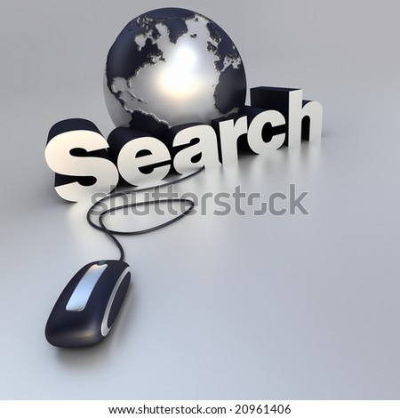 3D-rendering of a world globe, a computer mouse and the word search in blue and silver