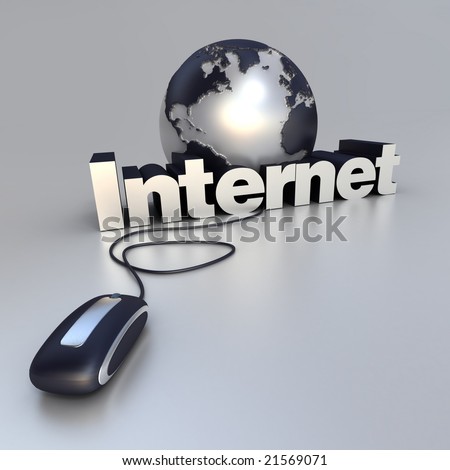 3D-rendering of a world globe, a computer mouse and the word internet in black and silver