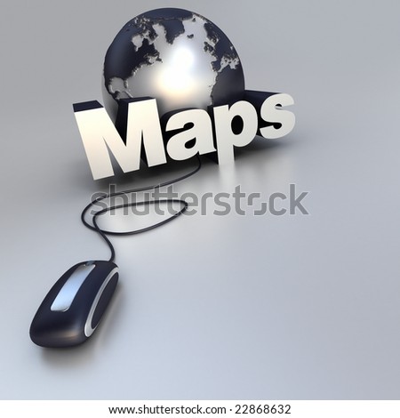 3D-rendering of a world globe, a computer mouse and the word maps in blue and silver