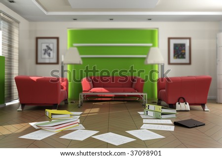 3D rendering of a living room with lots of documents and files on the floor. The images on the pictures on the wall are mine, so no copyright issue.