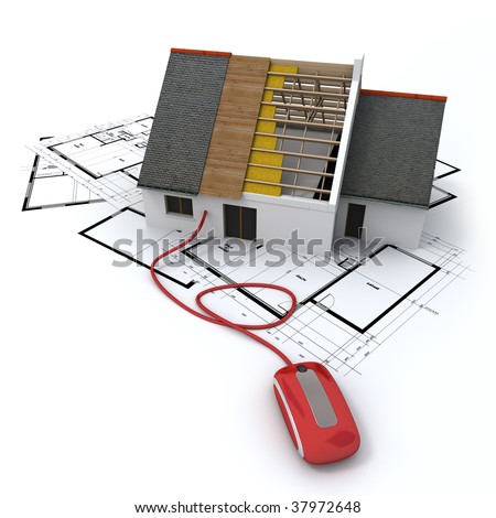 3D rendering of a residential architecture model on top of blueprints connected to a computer mouse