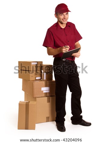 Isolated image of a messenger with clipboard and ball pen surrounded by packages