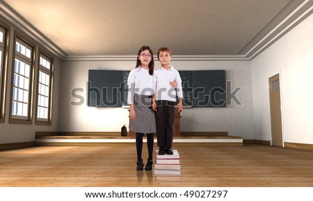 stock photo Boy standing on a pile of books with tall girl in a classroom
