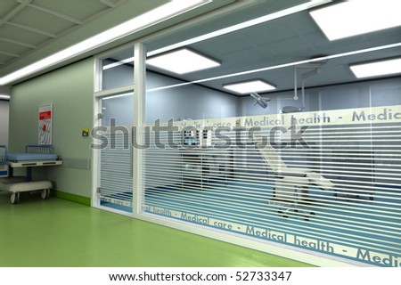 3D rendering of a minor surgery room from behind a glass wall