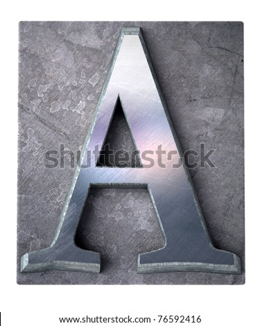 3D rendering an upper case A  letter in metallic typescript print (part of a matching alphabet)