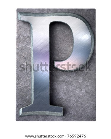 3D rendering an upper case P   letter in metallic typescript print (part of a matching alphabet)