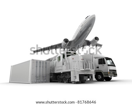 3D rendering of an airplane a truck a freight train and a cargo container against a neutral background 3D rendering of an airplane a truck a freight train and a cargo container against a neutral background
