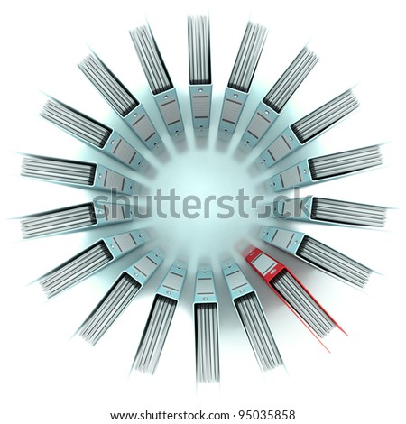 3D rendering of a circular composition of office ring binders, aerial view