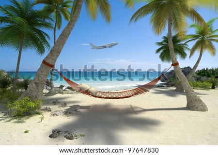 Exotic travel composition with a flying plane, a tropical beach with a hammock hanging from palm trees