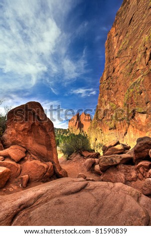 A high dynamic range landscape photo of the red rocks in the Garden of the Gods park in Colorado Springs, Colorado.