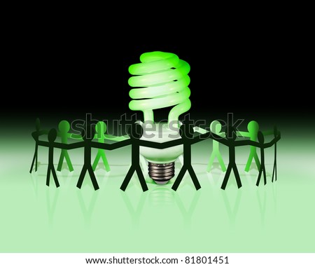 Energy efficient light bulb glows green with a team of paper people.