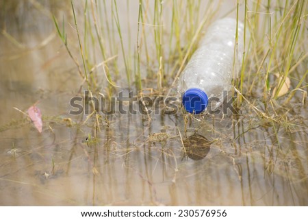 Empty plastic bottle illegal dumped and disposed, floating in water of river or lake between grass, pollution of wilderness environment, outdoor blurred background and copy space.