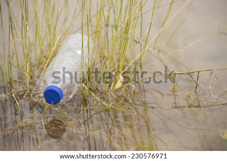 Empty plastic bottle illegal dumped and disposed, floating in water of river or lake between grass, polluting of wilderness environment, with outdoor blurred background and copy space.
