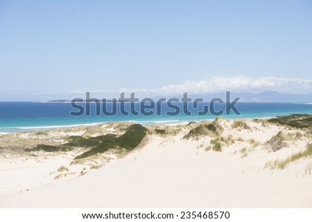 Panoramic view of Coastline at Bay of Fires, Tasmania, Australia, at sunny summer day, with high sand dunes, turquoise ocean water, mountains as blurred background, copy space.