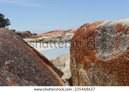 Red orange rocks at Bay of Fire Tasmania, Australia, with white sandy beach, turquoise water, blue sky, copy space.