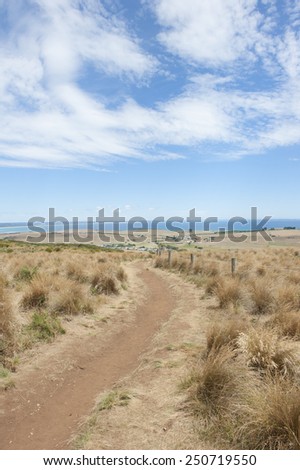 Scenic landscape along north coast of Tasmania, Australia, lookout over Bass Strait at Stanley, with ocean, blue sky and shoreline as blurred background.