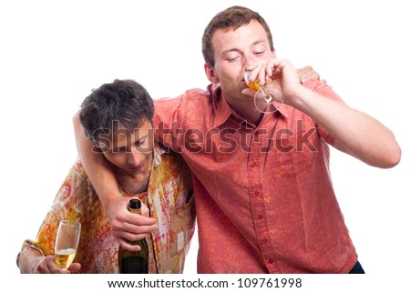 Two drunken men drinking alcohol, isolated on white background.