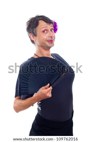 Cute transvestite man dressed as woman, isolated on white background