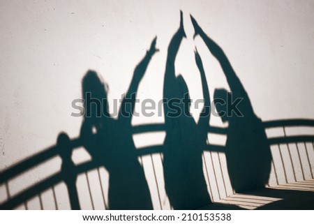 Creative photo of happy people shadows on white wall gesturing high five