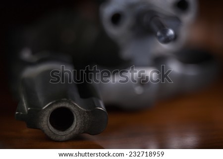 Macro of revolver gun barrel.
