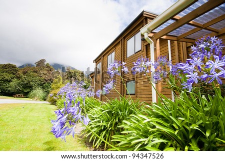 Mountain lodge exterior. Fox Glacier Lodge, Fox Glacier, West Coast, South Island, New Zealand.