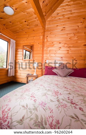 Detail of mountain lodge bedroom. Fox Glacier Lodge, Fox Glacier, West Coast, South Island, New Zealand.