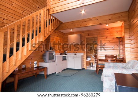 Lodge apartment wooden interior. Fox Glacier Lodge, Fox Glacier, West Coast, South Island, New Zealand.