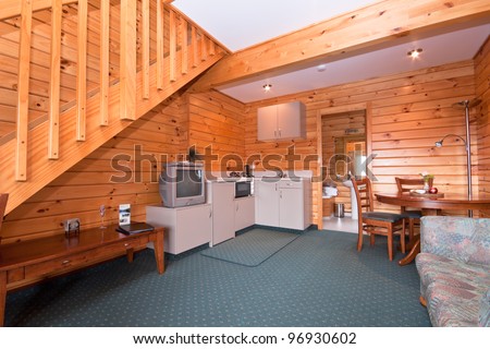 Lodge apartment wooden interior detail. Fox Glacier Lodge, Fox Glacier, West Coast, South Island, New Zealand.