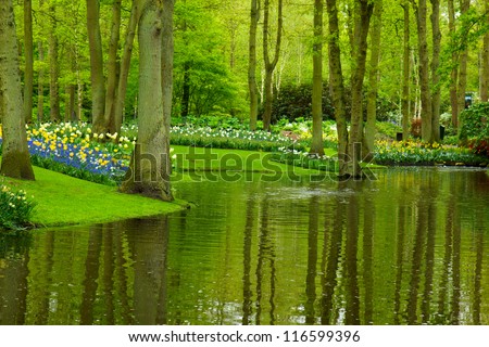 Colorful river and flowerbed  in dutch garden \'Keukenhof\', Holland
