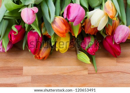fresh spring tulips laying on wooden table
