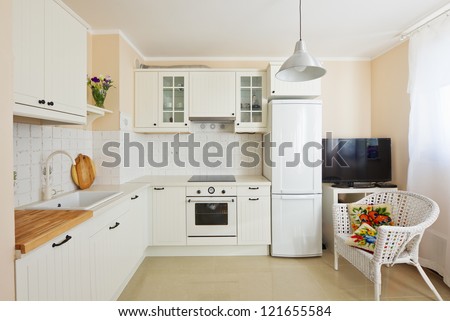 White Modern Kitchen Room In Antique Rustique Style