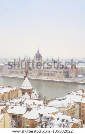 house of parliament building over snowed roofs of Buda hill, Budapest, Hungary