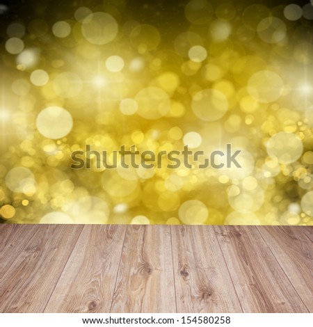 empty wooden planks with golden sparkles  background