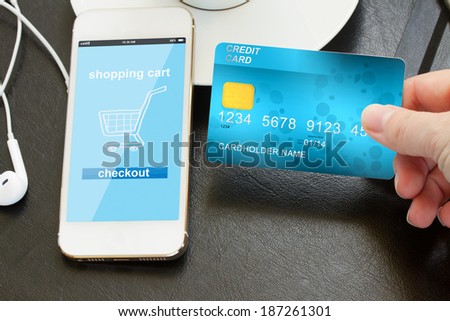 mobile shopping concept  - checking out in virtual shop