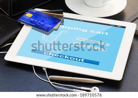 mobile shopping  - checking out in virtual shop on tablet PC