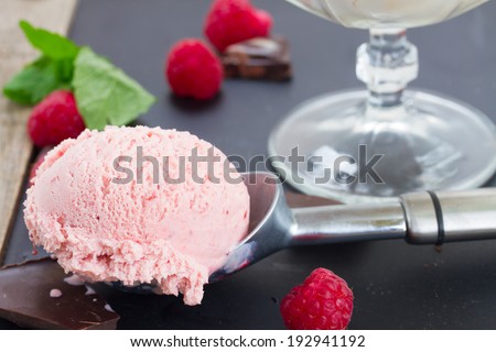 scoop of pink berry icecream in spoon on table