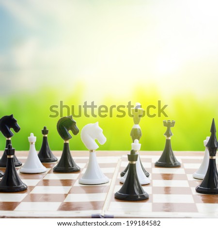 chess game  - set of black and white chess in green garden
